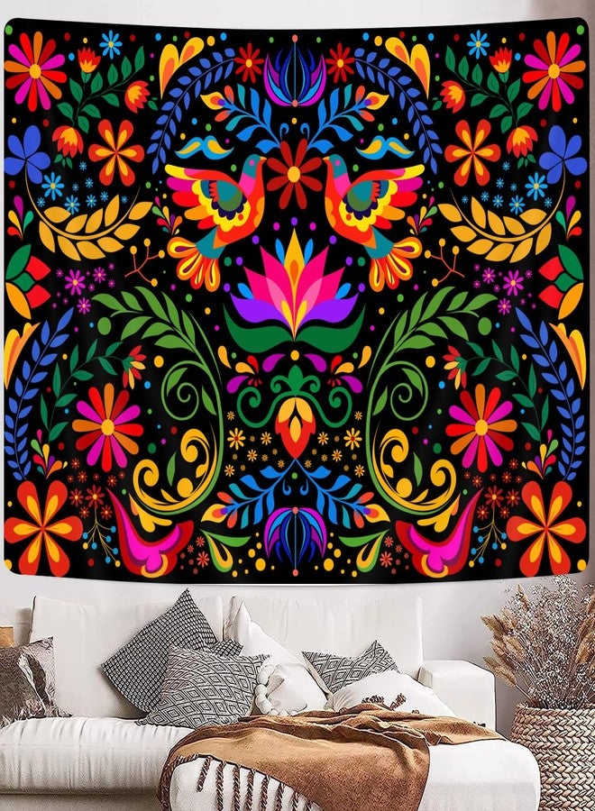 GOAOK Mexico Floral Tapestry, Colorful Mexico Flowers Bird Traditional Aesthetic Hippie Tapestries, Mexican Ornate Ethnic Pastel Plant Tapestry Wall Hanging for Bedroom Living Room 60"x40" - Image 5